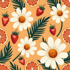 Floral Fruity Fusion: A seamless pattern of delicate daisy, juicy strawberry, and citrus slice on a vivid summer backdrop, designed to brighten any creative endeavor.