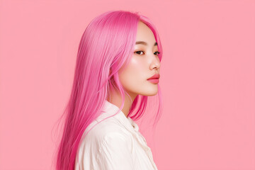 ピンクの髪色のアジア人女性、韓国人、日本人、ヘアカラー
