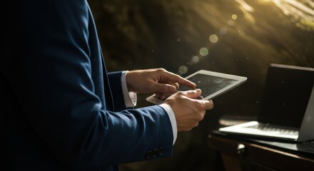 Digital Professional: Tablet, Laptop, and Textured Background in Warm Light.