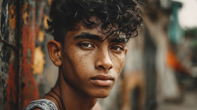 Young man with imperfect skin tone and slanted brow in grungy street tone