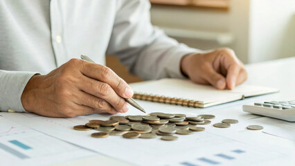 Cost of living inflation. Man counting coins financial document calculator notebook business planning cost of living increase saving ,rising prices,financial pressure,economic crisis