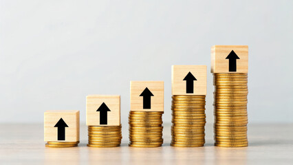 Cost of living inflation. Stacked gold coin wooden block black arrow financial growth saving investment cost of living increase economic ,rising prices,financial pressure,economic crisis