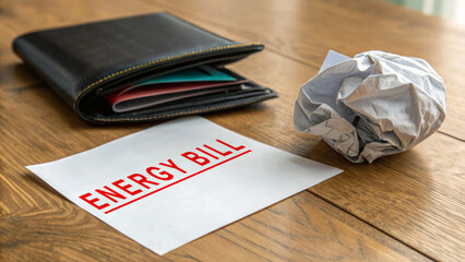 Cost of living inflation. Energy bill wallet crumpled paper wooden table financial stress monthly expense home budget cost of living ,rising prices,financial pressure,economic crisis