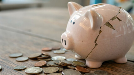 Cost of living inflation. Cracked piggy bank, scattered coins, wooden table, financial stress, savings, cost of living increase ,rising prices,financial pressure,economic crisis