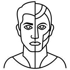 Ai face half human half machine line art vector illustration 