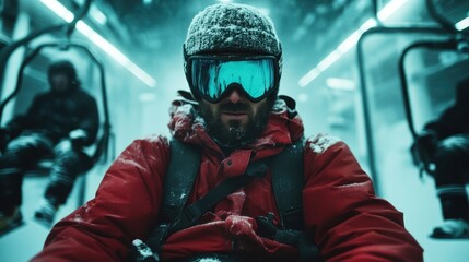 Obraz premium A ski enthusiast dons winter gear, sitting on a chairlift with a snowy landscape, emphasizing adventure and thrill in a breathtaking cold environment.