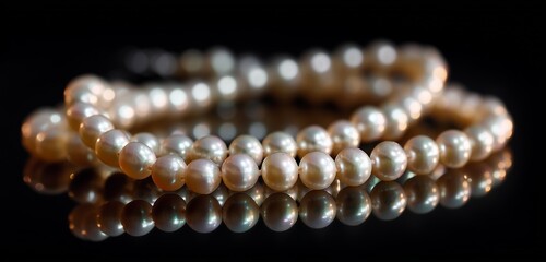 Beautiful pearl necklace resting on black reflective background, emphasizing contrast and shine.