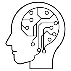 Human head with circuit brain line art vector illustration 