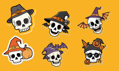 Fototapeta premium Set of Cute Halloween Skull Stickers with Witches' Hats and Spooky Accessories