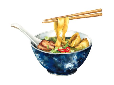 Watercolor ramen noodles, a vibrant hand-painted watercolor illustration of a steaming bowl of ramen, with perfectly al dente noodles, sliced mushrooms, and fresh green herbs Japanese and Asian 
