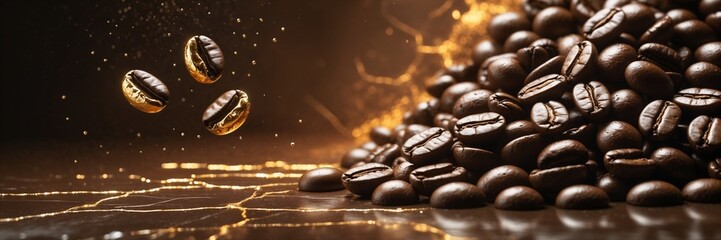 Coffee beans on a black background. An ultra-premium coffee banner with dramatic bronze and gold lighting. 
