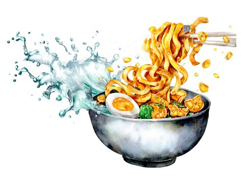 Watercolor ramen noodles, a vibrant hand-painted watercolor illustration of a steaming bowl of ramen, with perfectly al dente noodles, sliced mushrooms, and fresh green herbs Japanese and Asian 