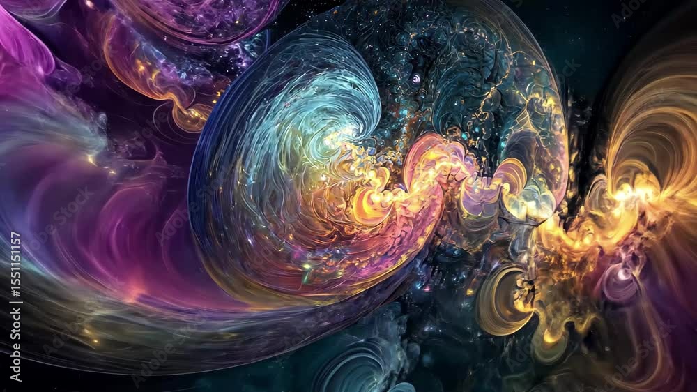Poster exploring vibrant fractal realms showcasing cosmic swirls and colorful patterns, visualization of fr