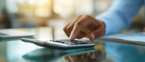 The Close-Up of a Hand Using a Calculator in a Modern Office Setting