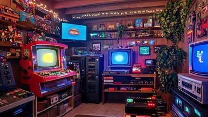 Retro gaming room filled with classic consoles and nostalgic decor creating a cozy atmosphere, Retro gaming room with classic consoles and cozy decor, background