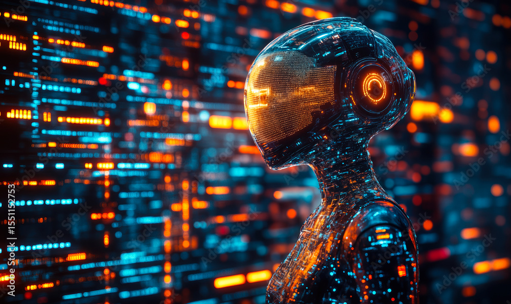 Poster futuristic digital robot with illuminated circuits and glowing data stream against abstract technolo