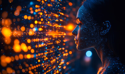 Profile of woman with digital data points on face looking at glowing orange and blue futuristic data visualization on transparent screen in dark room