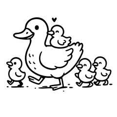 Two ducks and ducklings cartoon illustration isolated on white background