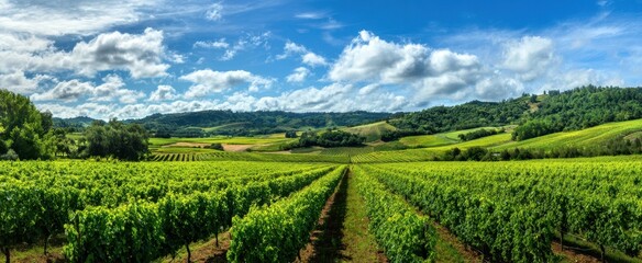 Naklejka premium The sprawling vineyard under a bright blue sky and fluffy clouds.