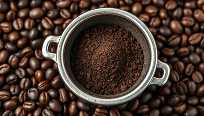 Fototapeta premium Dark roasted coffee grounds in portafilter nestled amongst beans, brown, coffee bean