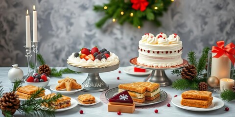 Fototapeta premium Elegant Christmas dessert table with cake and pastries, sweet treats, whipped cream