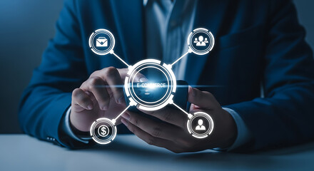 Businessperson connecting e-commerce concepts via smartphone technology digital marketing strategy