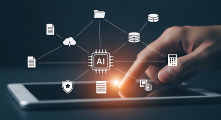 Artificial intelligence and data network concept represented by tablet touch and icon connections