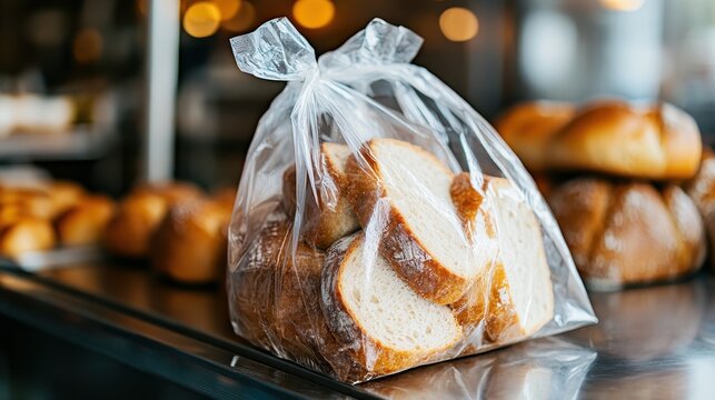 A clear plastic bag filled with fresh sliced bread sits on a countertop, emphasizing the appeal of homemade baking and the delightful simplicity of daily nourishment.
