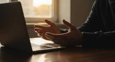 Hands explaining on laptop call, window light, dark room.