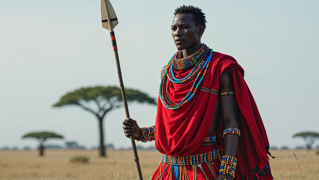 Portrait of a maasai warrior in traditional attire holding spear in african savanna