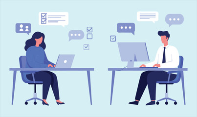 Online Communication and Productivity: Colleagues Collaborating, Chatting, and Managing Tasks on Computers, Highlighting Efficient Digital Workflow and Remote Work.
