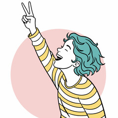 Person exuding happiness raising hand displaying a victory gesture with energy