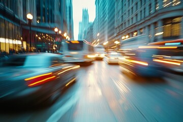 A fast-paced city street with blur effects showing the motion of passing cars, buses, and pedestrians, creating a sense of speed and activity in a bustling urban setting