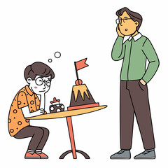 Father and son puzzling over unconventional cake design in a minimalistic drawing