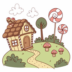 Whimsical Candy House Landscape with Lollipops and Mushroom Illustrations