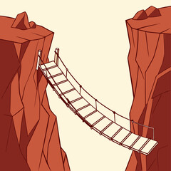 Suspension bridge illustration linking canyon cliffs offering challenge representation
