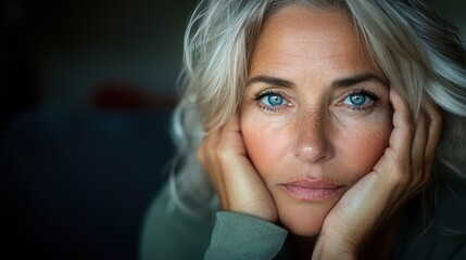 Fototapeta premium A contemplative woman gazes into the distance, resting her chin on her hands, showcasing beauty and introspection, revealing deep emotions of reflection and serenity.