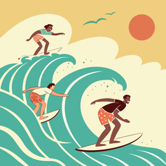 Coastal Surfing Adventure: Three Friends Enjoying the Ocean Waves Together