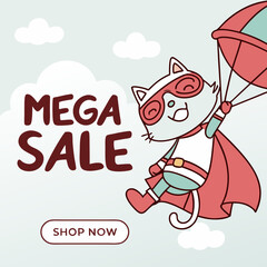 Whimsical feline superhero plummeting into promotional mega sale advertisement