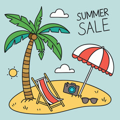 Cartoon summer sale banner with island elements for promotional materials
