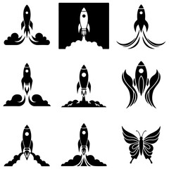 A massive assortment of clean, single-color rocket icons for modern design applications