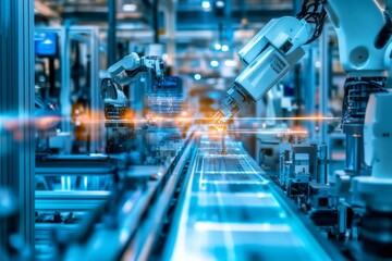 Fototapeta premium An advanced robotics factory with automated production lines, smart machines, and AI-driven processes, illustrating the future of manufacturing and the impact of technology