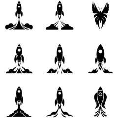 A complete set of minimalist rocket glyphs with clean vector icons for UI and web design