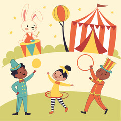 Whimsical circus scene with playful characters and festive decorations illustration