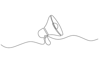 Continuous one line drawing of horn speaker signs and symbol for announcement, Vector illustration, Loudspeaker one line continuous. Line art megaphone. Hand drawn pro.