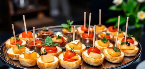 Elegant canapés and starters arranged on a platter, ready to serve, gourmet, culinary