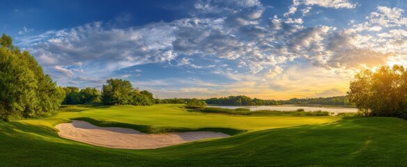 Naklejka premium The serene golf course under a vibrant sunset with a picturesque lake.