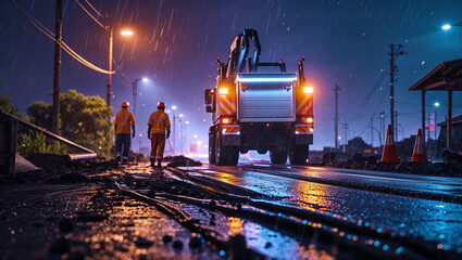 Road construction workers and crane truck operating at night under rainfall with safety cones