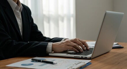 Business professional at desk, typing on laptop over data charts.