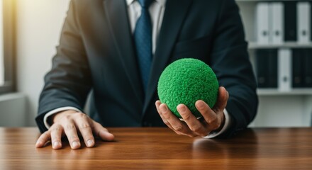 Executive Holding Textured Green Sphere: Responsibility, Growth, and Sustainability Concept.
